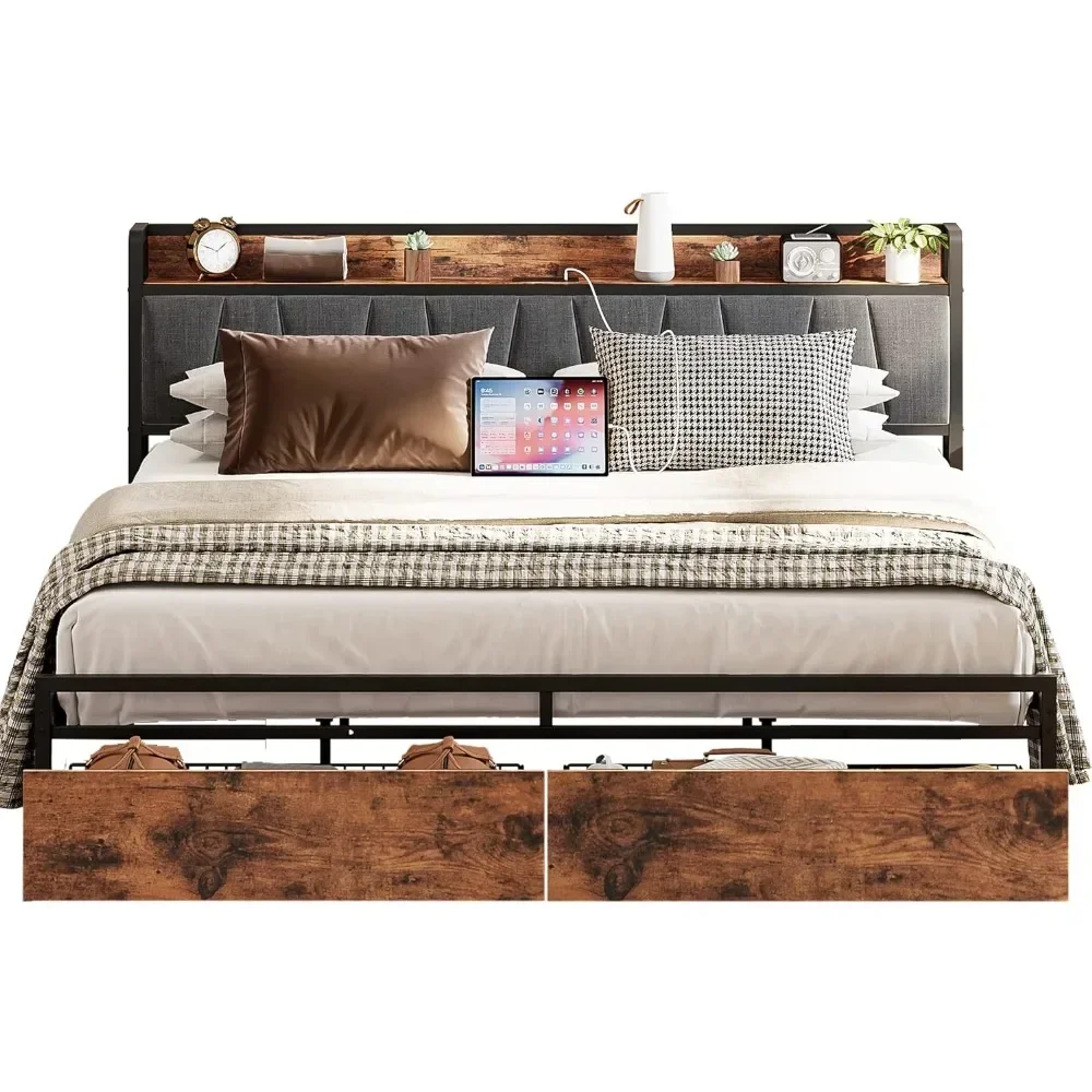 LIKIMIO King Size Bed Frame, No Box Spring Needed Platform Bed with Drawers, Storage Headboard with Charging Station