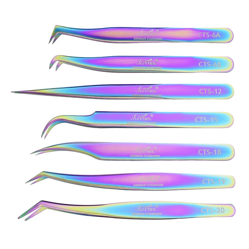 1 pçs nova funmix pinças de extensão de cílios de aço inoxidável superhard colorido cílios pinças de alta precisão pinça antiestática