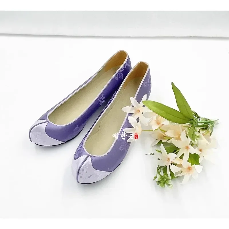 

Hanbok Shoes Imported From South Korea Traditional Purple Satin Hanbok Women Shoes 5cm High Heels Stage Performance Clothing