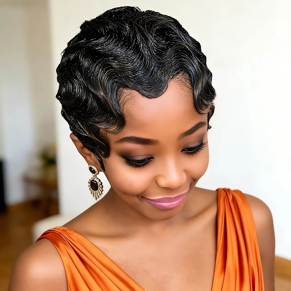 

Body Wave Short Bob Pixie Cut Human Hair Wig Full Machine Made Finger Wave Nature Black Non Lace Front PrePlucked Hairline Wigs