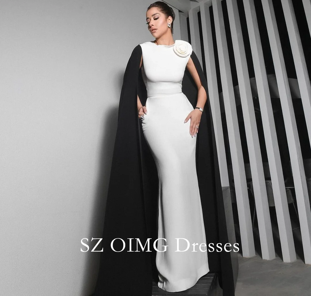 

OIMG O-Neck Custom Made Black Cape Prom Dresses Mermaid Sleeves Arabic Feathers Satin Simple Evening Gowns Formal Party Dress