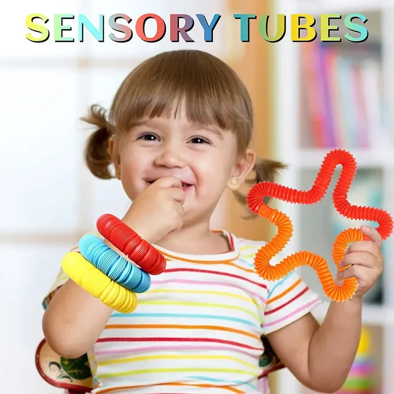 6 12 Pcs/Pack Pop Tubes Sensory Toys Fidget Pop Tube Stress Relief Decompression Finger Toy Telescopic Tube for Kids Teenager