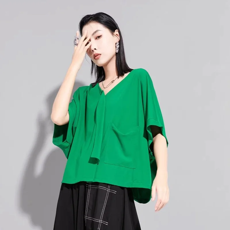 Loose Short Sleeve V-Neck Batwing T-Shirt Women Summer Slimming Green Asymmetric Design Casual Style Combed Cotton Top