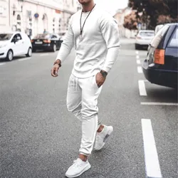 Men's Long-Sleeved Cotton POLO Solid Color Round Neck T-Shirt Men's Autumn Winter Leisure Sports 2-Piece Suit