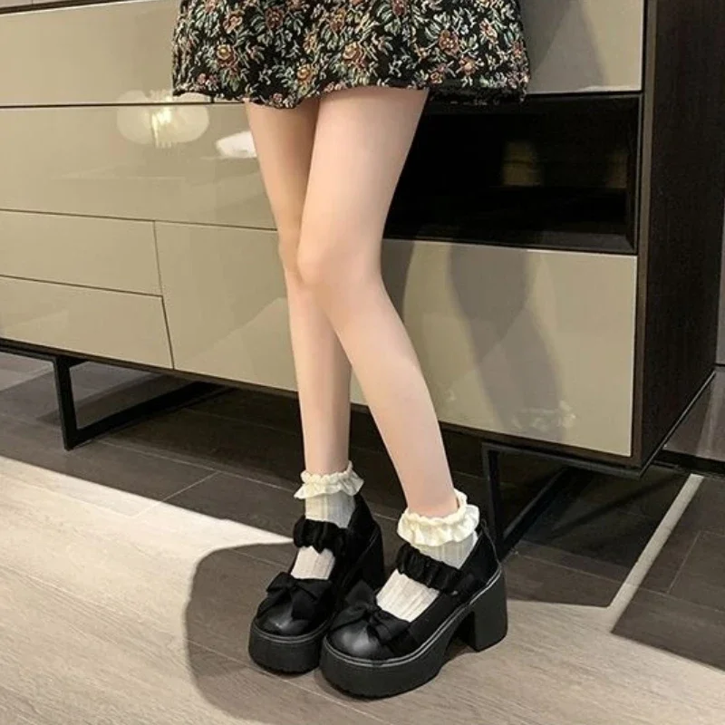 

2025 Trendy Thick Sole Mary Jane Pumps Women Summer Pearl Bowknot French Style Leather Dress Shoes