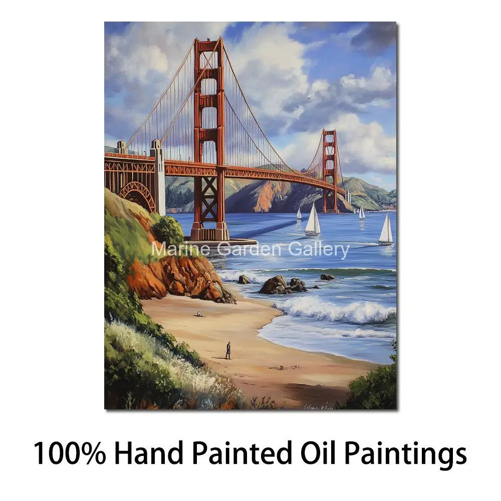 Cityscape Canvas Wall Art Handmade Oil Painting Golden Gate Bridge Modern Artwork Seascape Picture for Bathroom Pub Decor Large