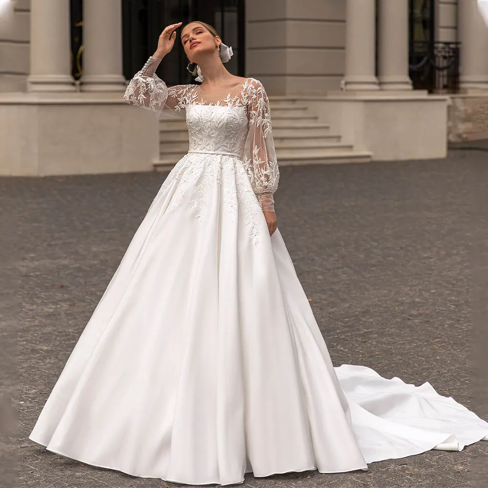 

Elegant Long Puff Sleeves Lave Applique Princess A Line Wedding Dresses Sweep Train Custom Made 2024 Vestido De Noival