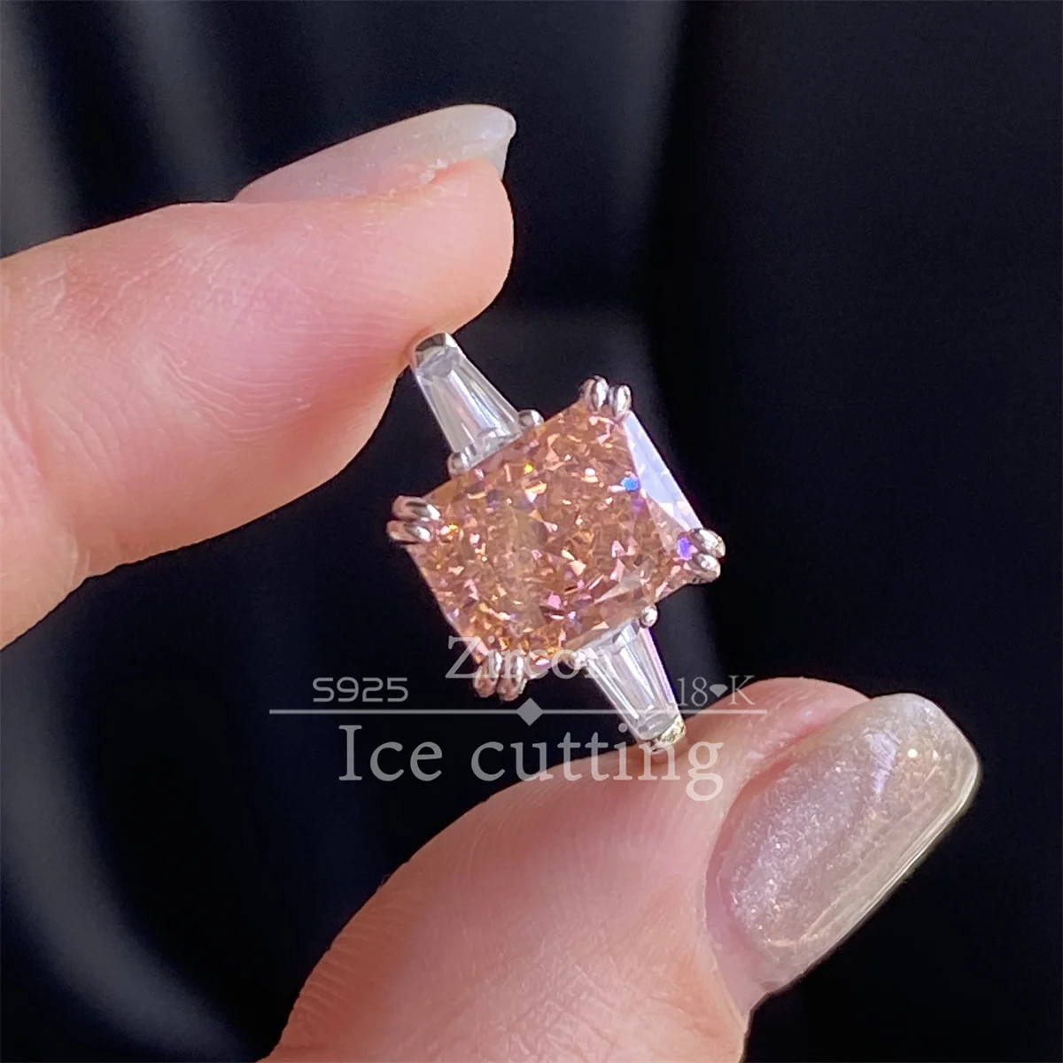 

S925 sterling silver explosion flash ice cutting rectangular Padparadscha zircon ring high carbon diamond women fine jewelry
