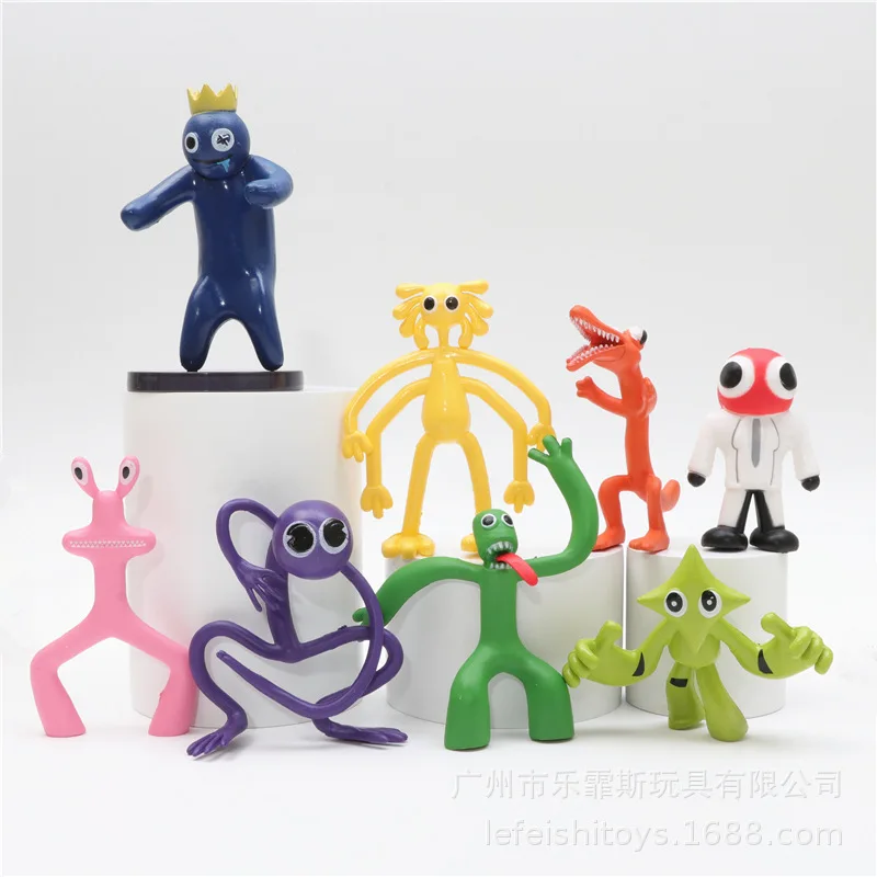 Figuras de Anime de amigos del Arcoíris, 8 piezas, personaje de juego, monstruo rosa y azul, estatua, adornos para pasteles, Juguetes