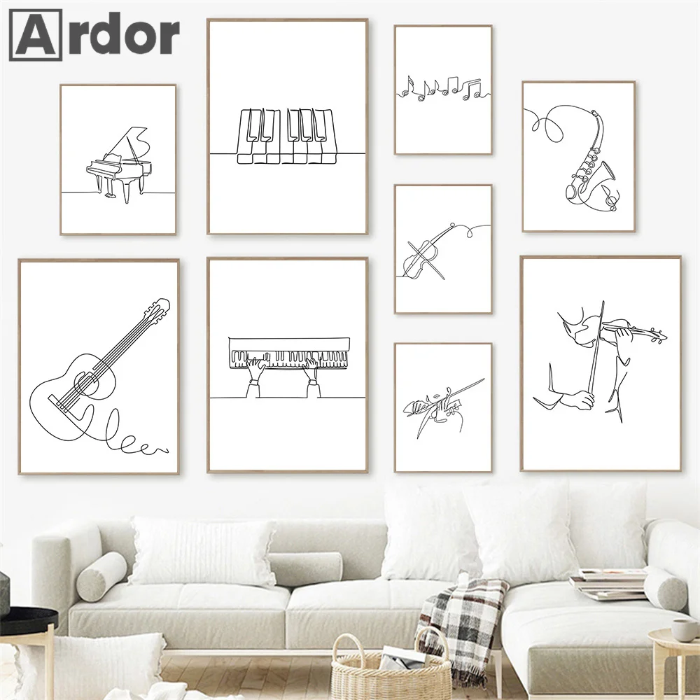 Piano Violin Guitar Drum Line Drawing Wall Art Canvas Painting Nordic Posters And Prints Black White Pictures Living Room Decor