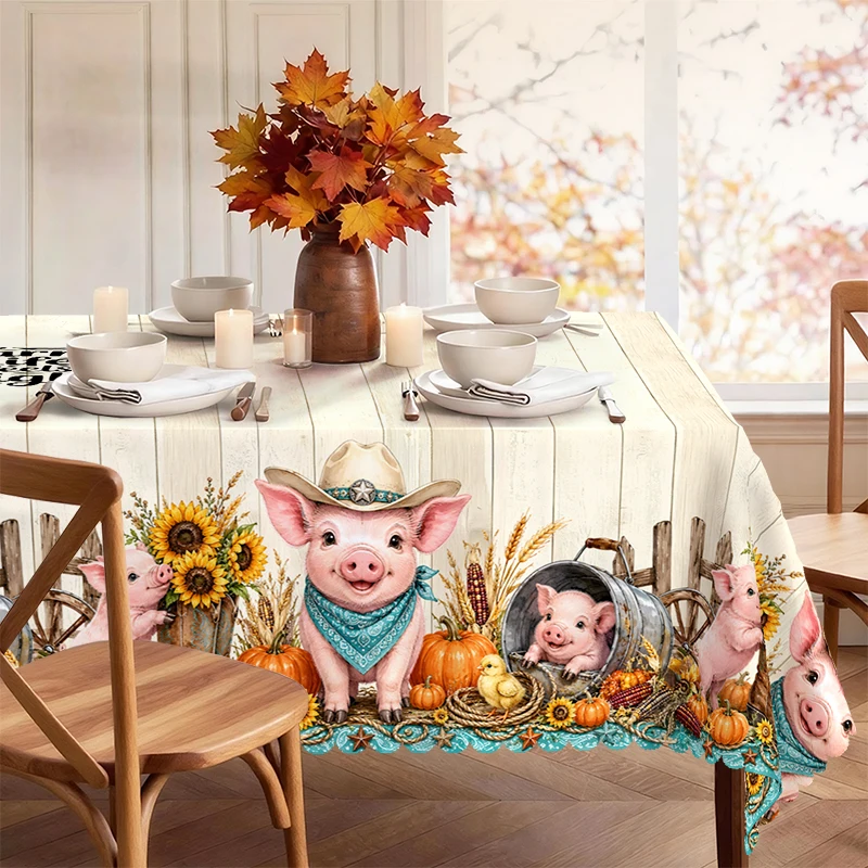 Farmhouse Tablecloth with Cotton Cart, Harvest Piglets for Indoor/Outdoor Camping decor, Rectangular/Round/Oval