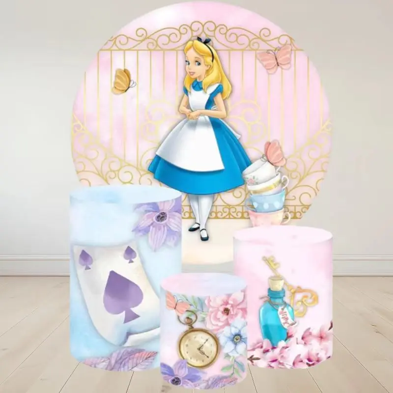 Alice In Wonderland Round Backdrop 3 Cylinder Cover Background For Photography Baby Shower Birthday Tea Party Dessert Table