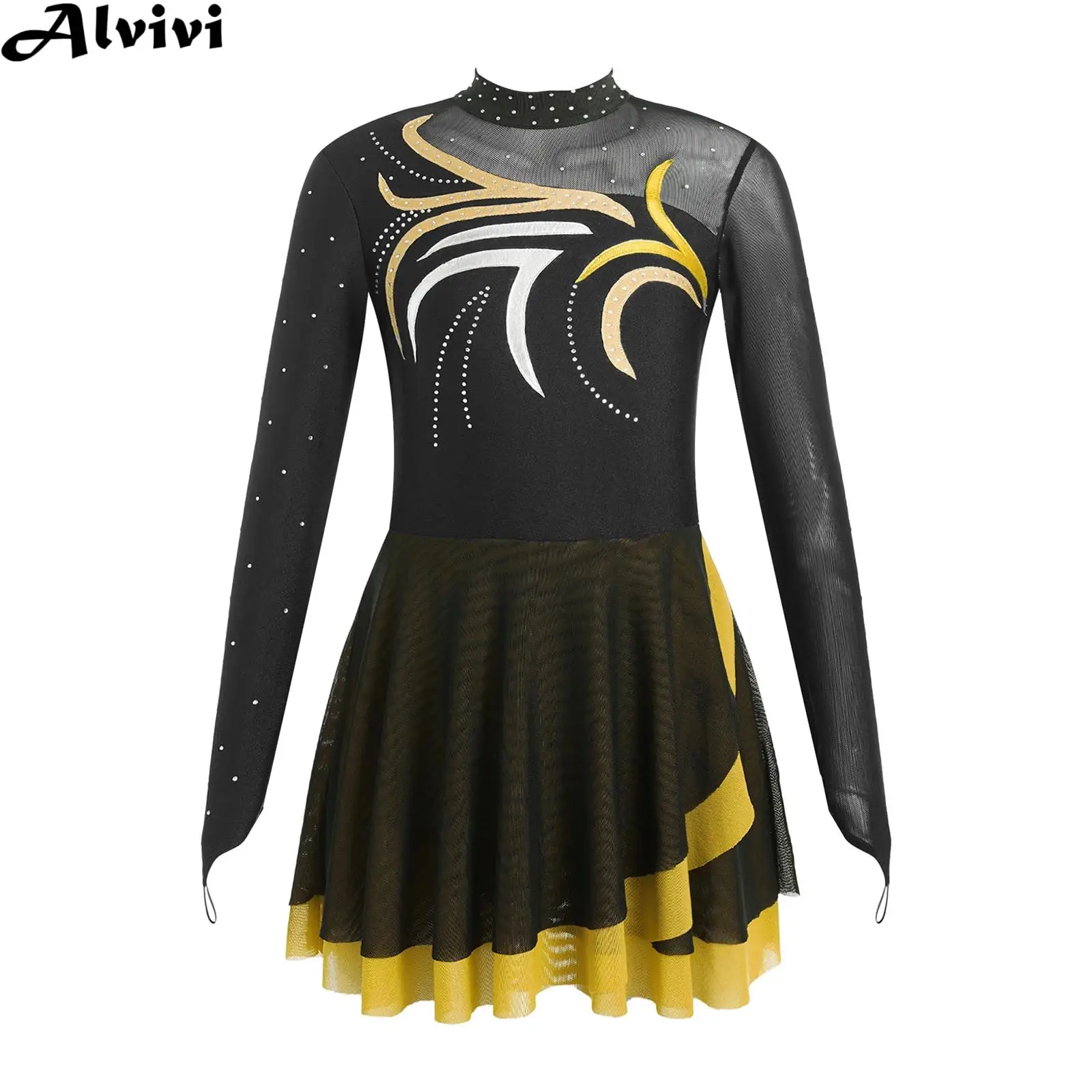 Girls Figure Ice Skating Costume Long Sleeve Rhinestone Mesh Leotard Dress Lyrical Dance Ballet Gymnastics Performance Dancewear