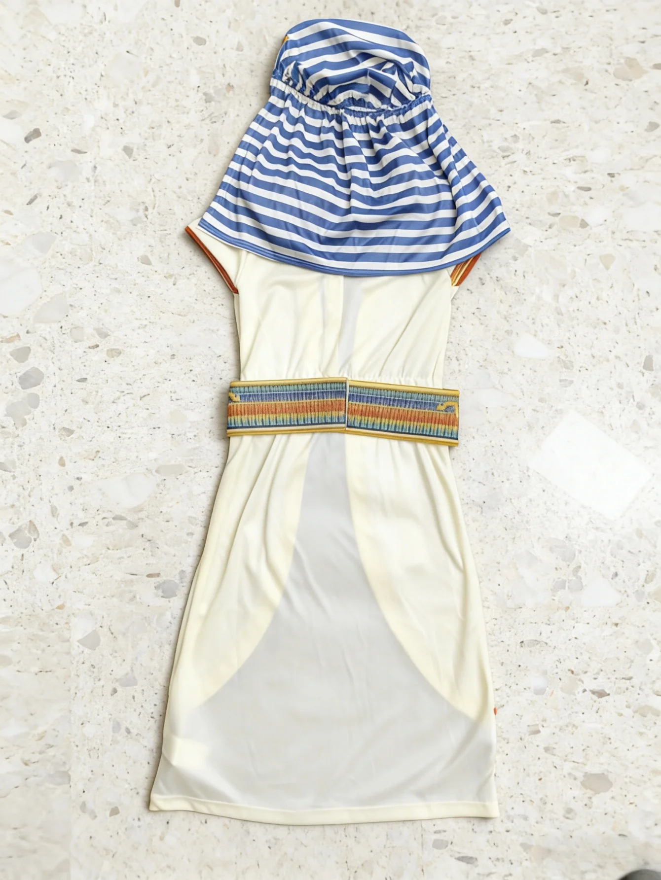 Kids Ancient Egyptian Pharaoh Costume Striped Nemes Headdress Decorative Collar Tunic Outfit - view 3