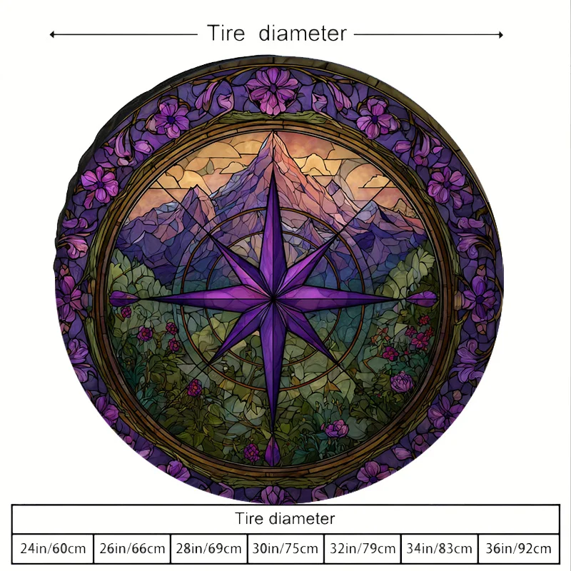 Vintage-style Colored Glass Compass Rose Pattern Car Tire Cover, Polyester Material Spare Tire Protection Sleeve