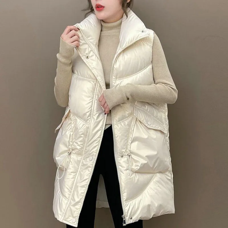 Women Mid-Length Loose Warm Cotton Vest Bright Face Washing Free Fashion Drawstring Coat Winter Lady Thicken Sleeveless Jacket