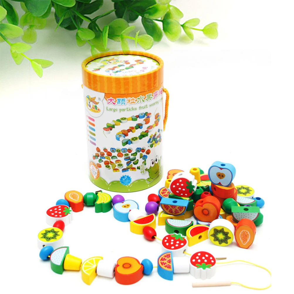 

70pcs Wooden Fruit Beads Lacing Game Educational For Kids Toddlers With Cotton Laces Stacking Blocks To Improve Motor Skills
