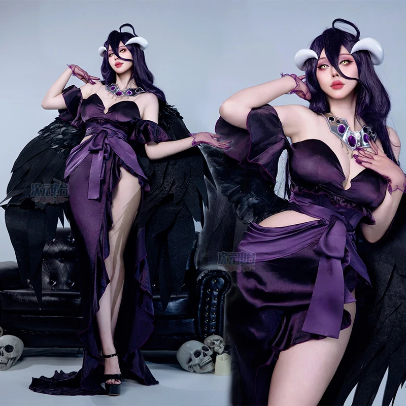 Pre-Sale，Albedo Overlord Cos Anime Games Roles Dark Purple Evening Dress Cosplay Costumes Full Set