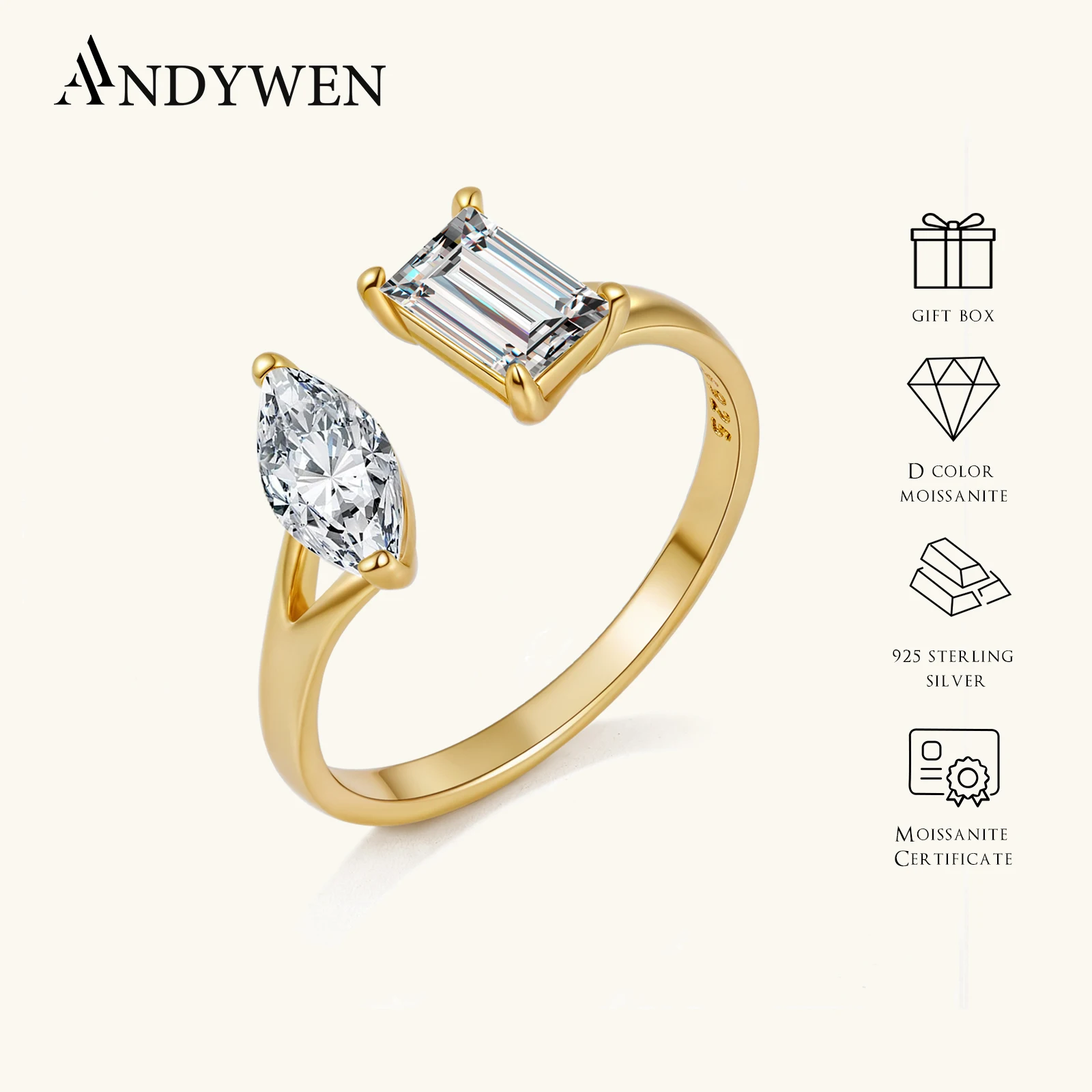 

ANDYWEN 925 Sterling Silver Baguette & Marquise Cut Moissanite D Color VVS1 Ring Sparkling Fashion 2026 Women Gift Jewelry