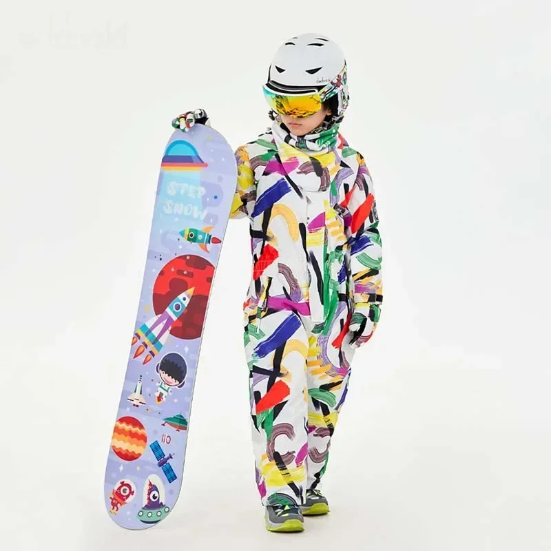 2025 New Winter Print Warm Sports Skiing One Piece Suit Windproof Waterproof Outdoor Children Set Polyester Zipper Hooded Suit