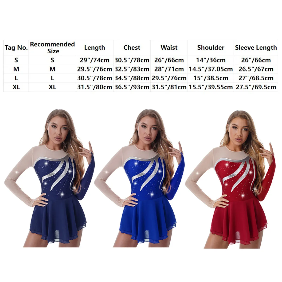 Mesh Long Sleeve Ballet Dance Dress Womens Rhinestone Figure Skating Artistic Gymnastic Training Performance Leotard Dress