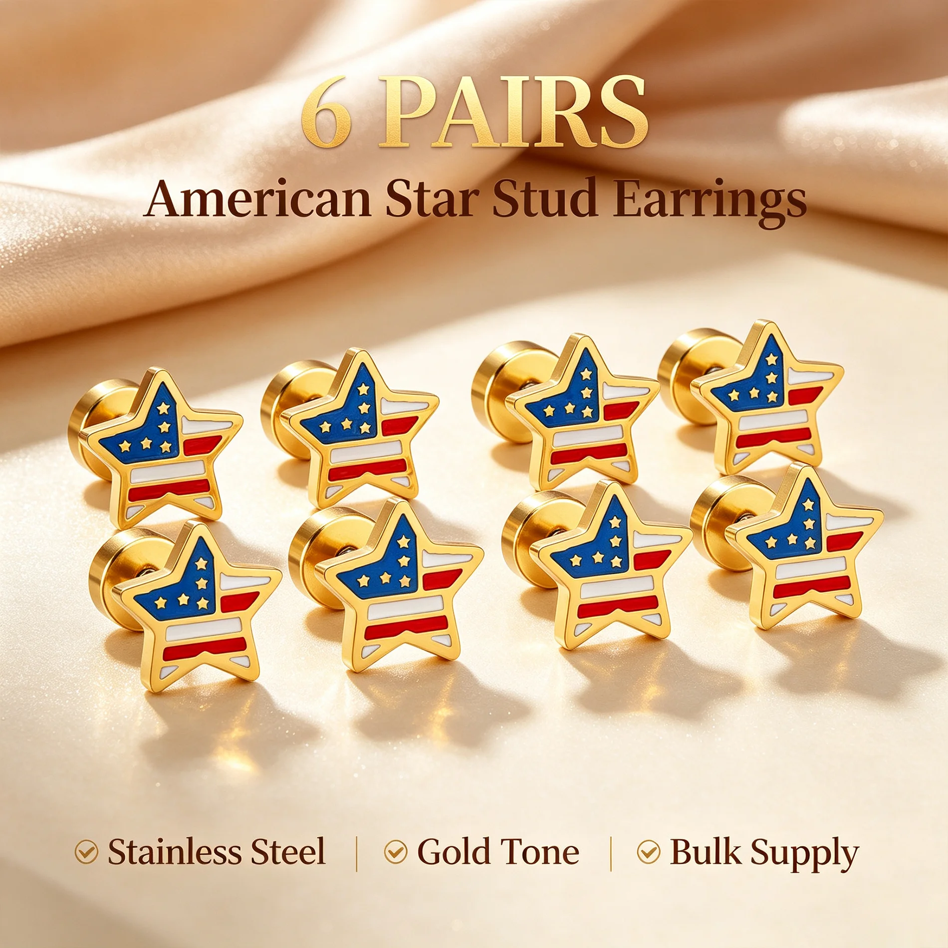 Wholesale 6Pairs Gold American Flag Star Stud Earrings Stainless Steel Screw Back Bulk Supply For Resale Vendors