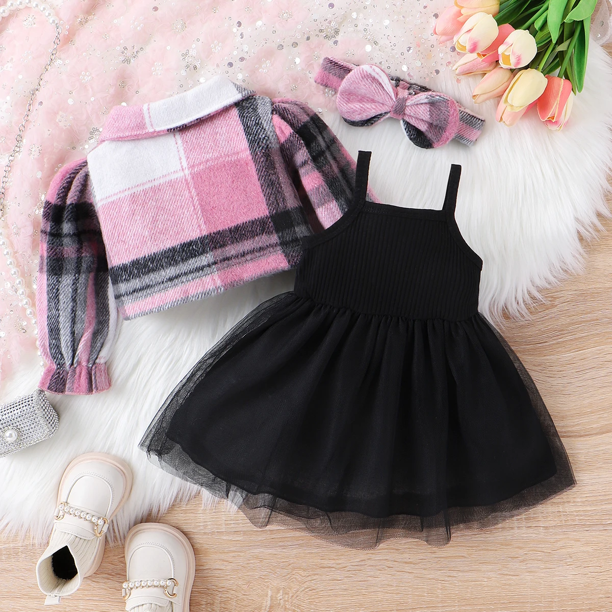 PatPat 3pcs Baby Girl Sweet Pink Plaid Wool Blend Mesh Dress Set with Headband