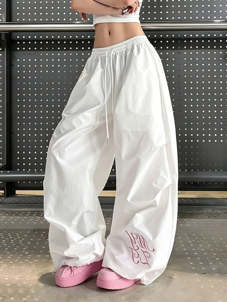 Streetwear White Cargo Pant Women High Waist Loose Vintage American Y2K Trousers Summer Letter Hip Hop Pockets Parachute Pants