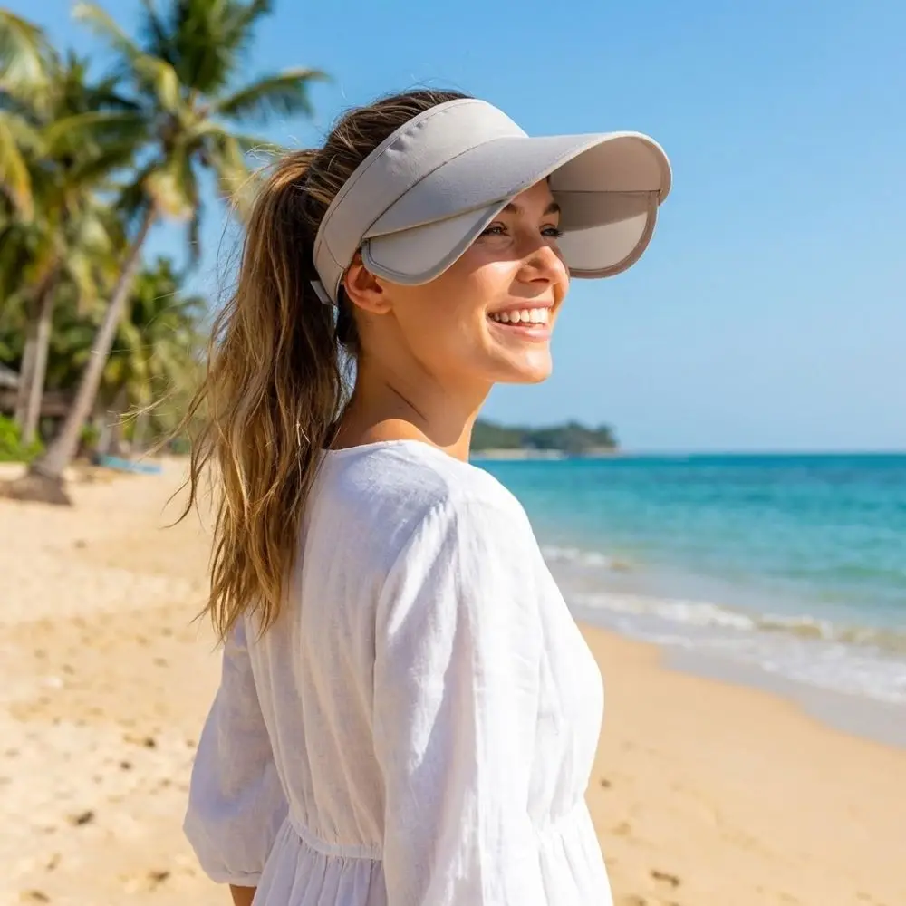 New Breathable Sun Protection Hat Lightweight Adjustable Stretchable Brim Hat Polyester Solid Color Empty Top Sun Hat Sports view 3