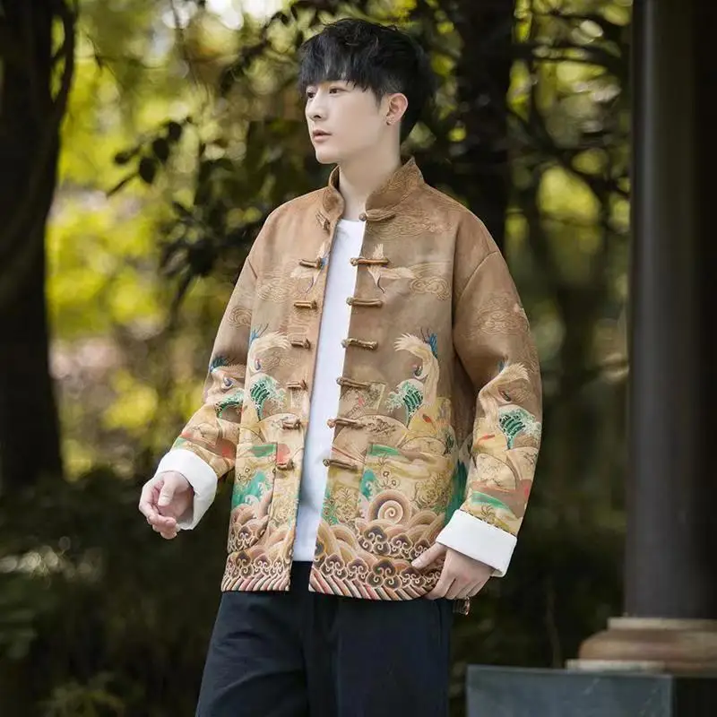 

Foufurieux Autumn Chinese Style Fashionable Tang Style Men's Stand Up Collar Button Printed Hanfu Jacket Female Clothing