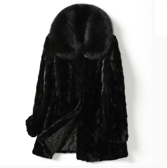 Fashion Black big fox fur collar fur coat popular styles mink fur coat Genuine Leather winter jacket women Fashion  Fur large