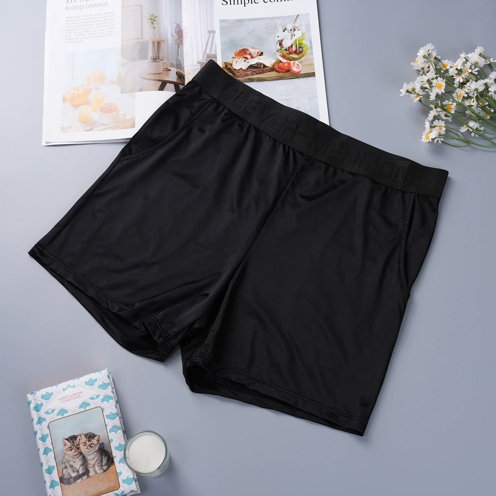 Glänzende Herren-Satin-Boxershorts mit breitem Bund, locker sitzende Boxershorts, glatte, dehnbare Lounge- und Schlafunterwäsche, Homewear-Unterhosen – Detail 9