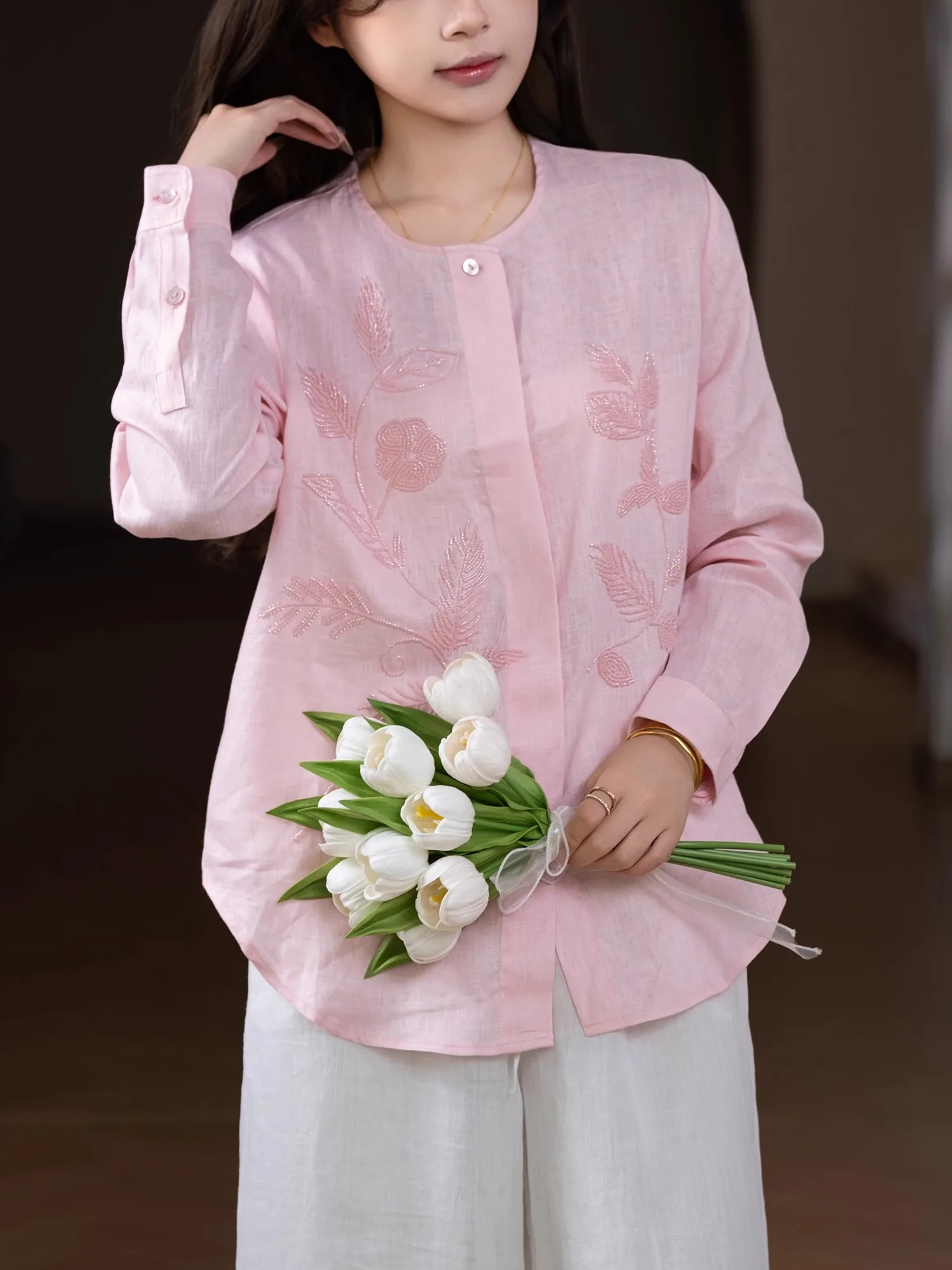 

Poetry Mountain Sea Series Long Sve round Ne Women's irt Pearl Embroidery Linen Heavy Du Yeo Wa Cool System Top