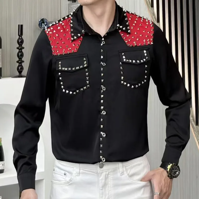 

Rivet Decoration Mens Shirts Casual Slim Punk Shirt Men Dress Shirt Prom Tuxedo Hemise Homme Nightclub Shirt Camisa Masculina