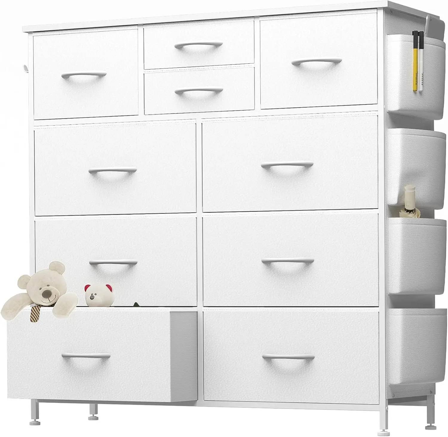 

10 Drawer Dresser, Chest of Drawers for Bedroom, PU Dresser with Side Pockets, Hooks, Wooden Top and Sturdy Metal (White)