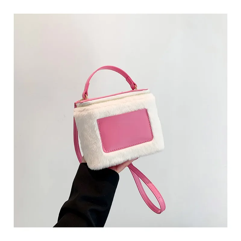 Winter Autumn and Winter High-end Single Shoulder Small Bag for Women 2024 New Color Blocked Plush Handbag, Crossbody Bucket Bag