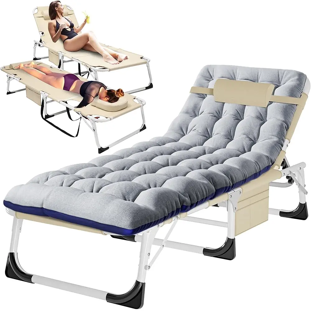 

3In1 Tanning Chair Beach Chaise Lounge With Face Hole,Removable Pillow And Mattress, 450Lb Heavy Duty, Adjustable And Portable,