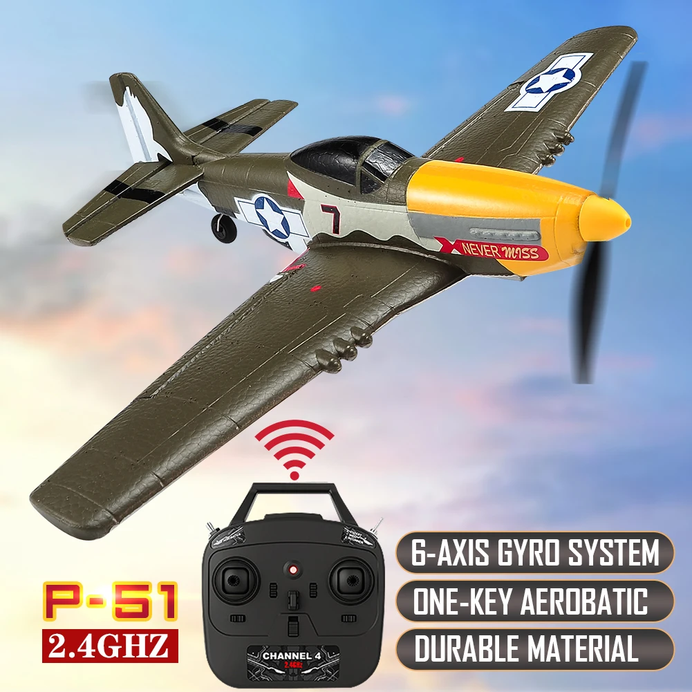 P51 Mustang Remote Control Fighter 4CH 6 Axis 410MM Wingspan One Key Aerobatic RC Airplane RTF Glider Plane Toys Gifts