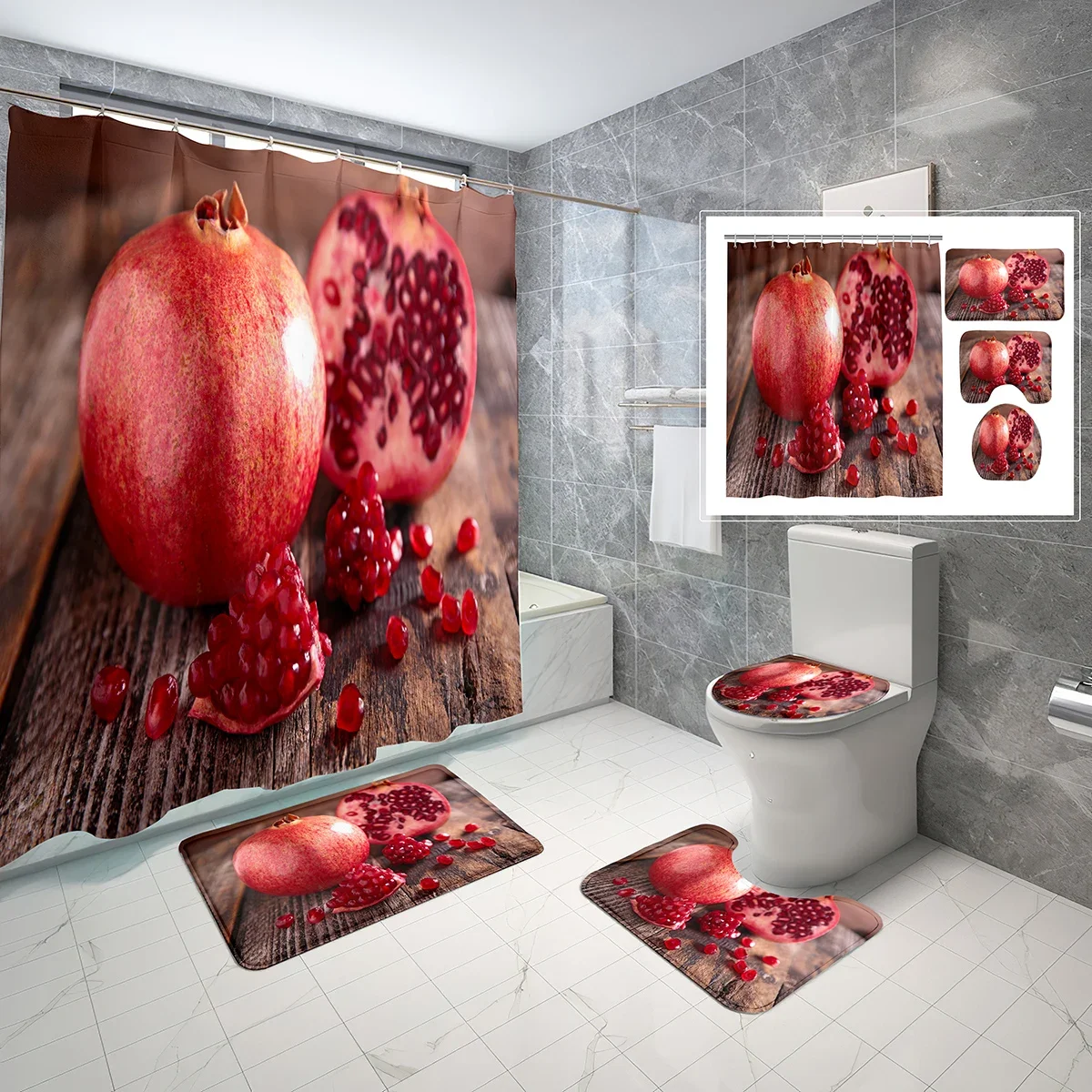 

4 Piece Set Pomegranate Shower Curtain with Non-Slip Bath Mat,Toilet Lid Cover and Delicious Fruit Closeup Shower Curtain Set