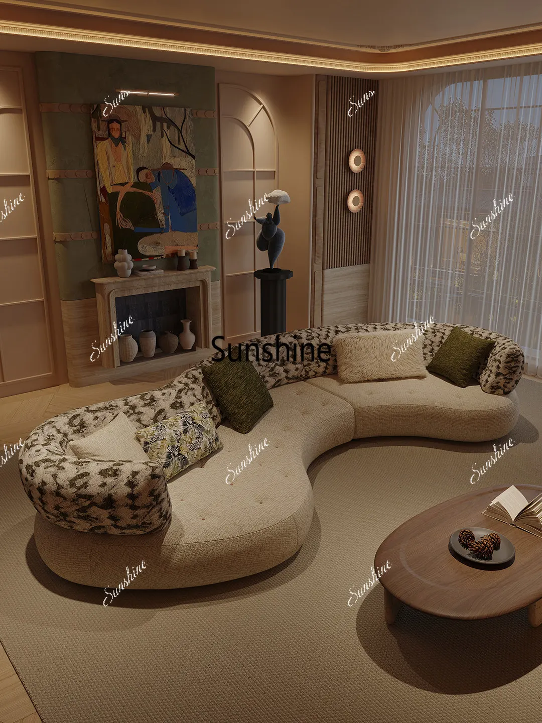 Arc pull buckle sofa fabric French cream style modern simple living room home