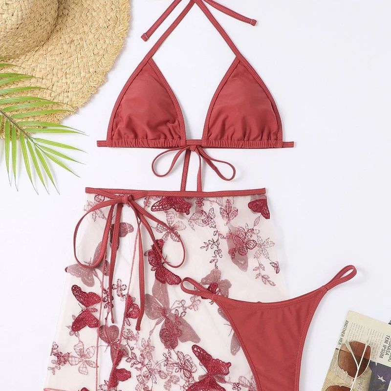 

Sexy Halter Neck Swimsuit Red Women Three-pieces Embroidered Mesh Bikini