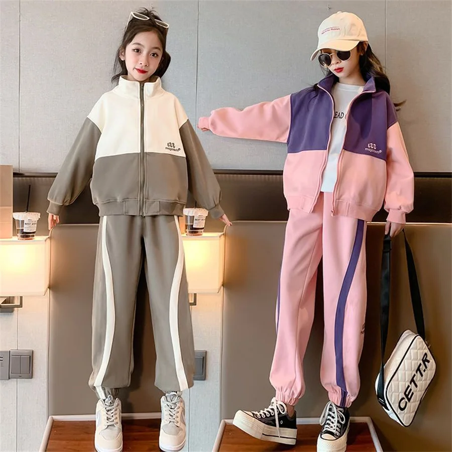 New Girls Letter Teen abbigliamento Casual Set giacca a due pezzi pantaloni Jogger abiti colore grigio bambini abiti 6 8 10 12 14 anni