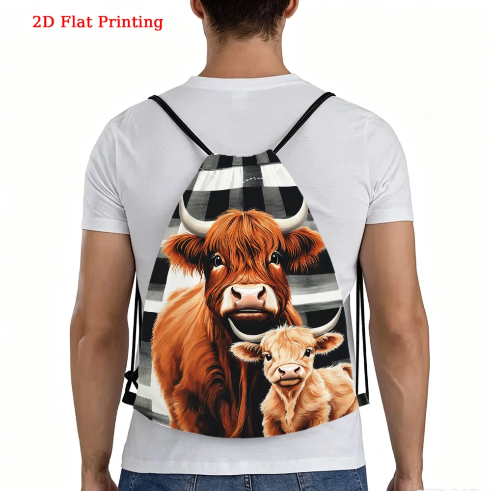 Highland Cow And Calf 2D Flat Print Drawstring Backpack for Fitness Sports Outdoor Travel