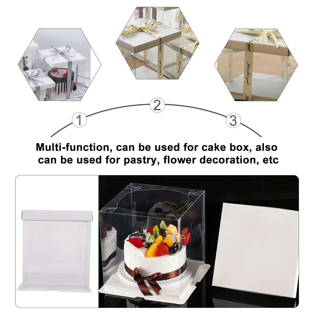 4Pcs Cake Box Set Strong Pet Material Tear-Resistant Foldable Packaging Box for Cakes Pastries Flowers Sharing with Friends