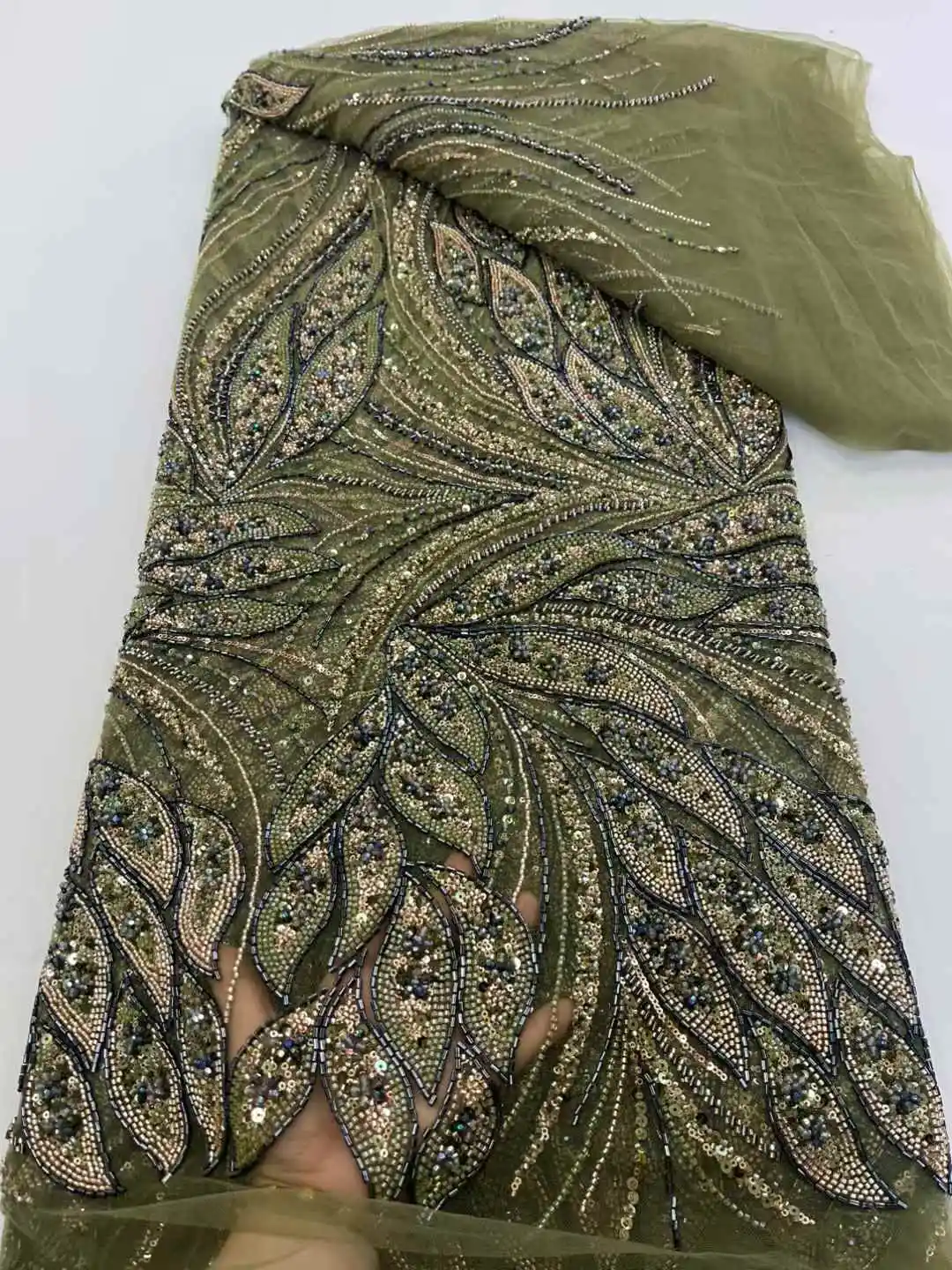 African French Tulle Groom Beads Lace Fabric 5 Yards High Quality Nigerian Lace Fabric African Lace Fabric For Wedding-XC