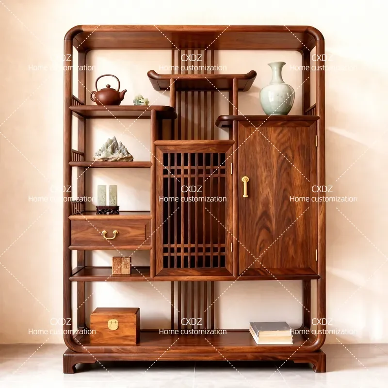 New Chinese Style Solid Wood Bogu Frame Black Walnut Study Storage Rack Installation Free Tea Set Shelf Customizable