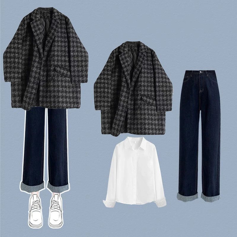 Autumn/Winter New Checkered Plush Jacket Blazer White Chiffon Shirt Blouse Jeans 3-Piece Elegant Women's Pants Set