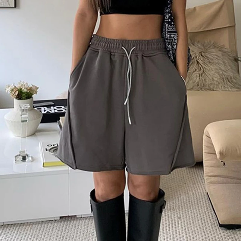 BIIKPIIK Solid Casual Vinatge Sporty Shorts Pockest High Waist Elastic Shorts Women Cargo Fitness Streetwear Summer New Outfits