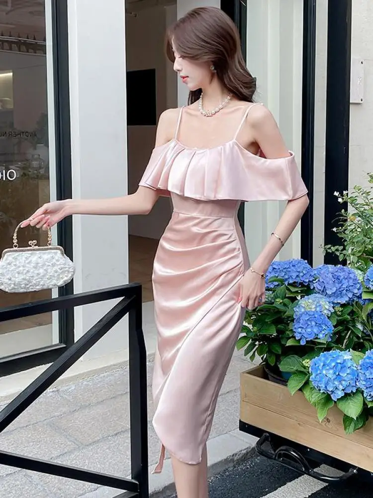 

Summer Black White Elegant Sexy Off Shoulder Slip Long Dress Women Pink Slim High Waist Backless Ruffles Pleated Dress 2025 Chic