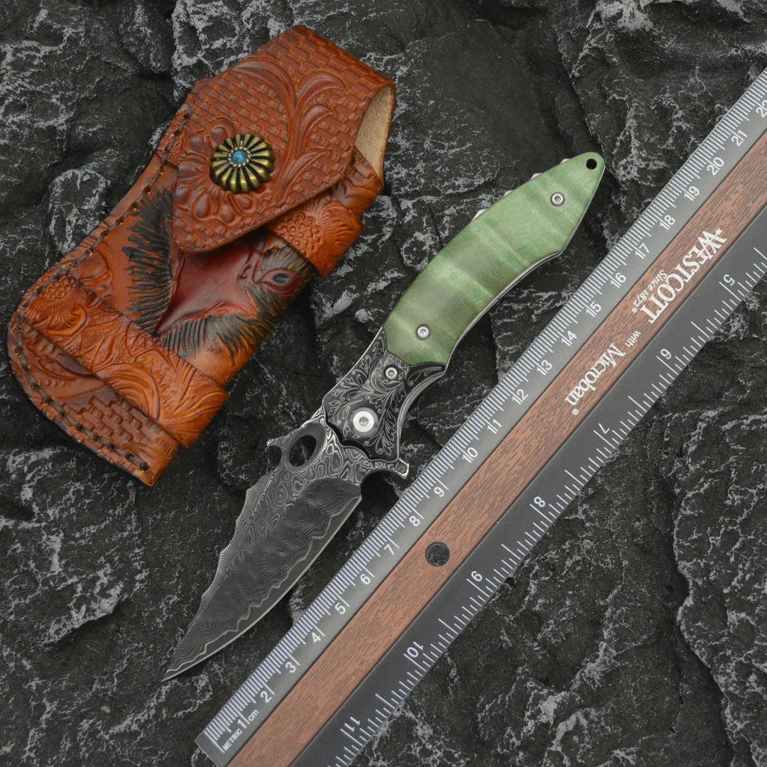 

Damascus Steel Folding Knife Wooden Handle Bearing System Camping Outdoor Portable Sharp Hunting Knife EDC Self Defense Tool